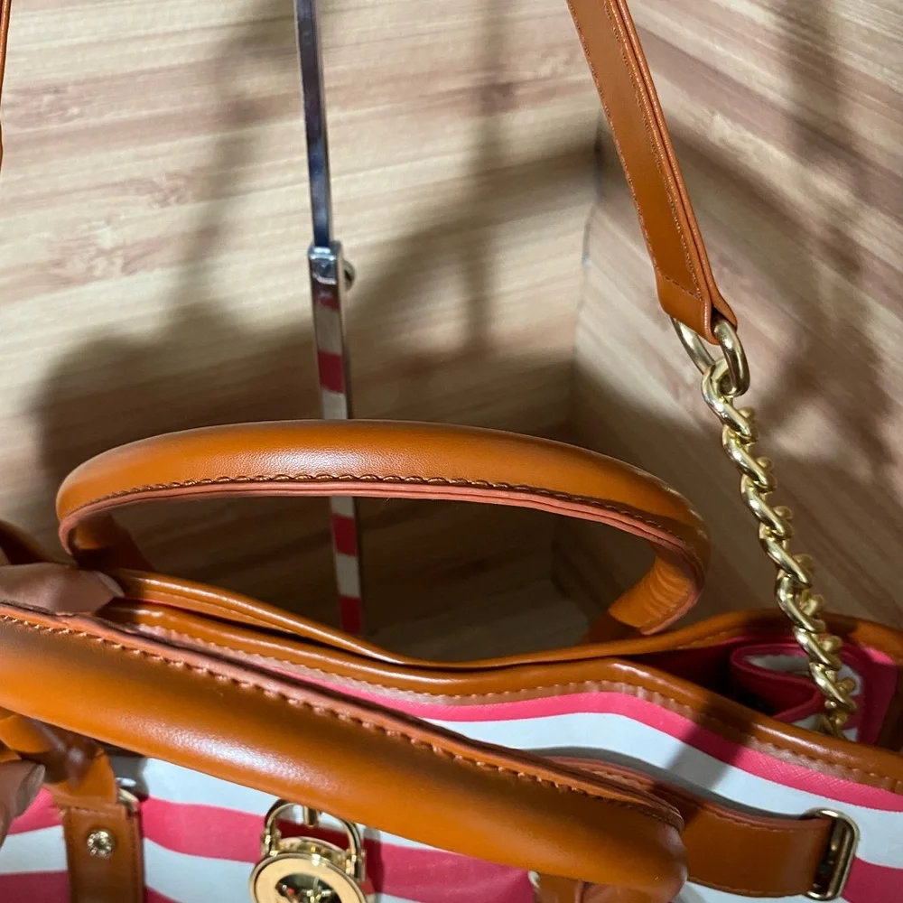 Michael Kors Hamilton Red/White Striped Canvas Leather Large Tote Purs